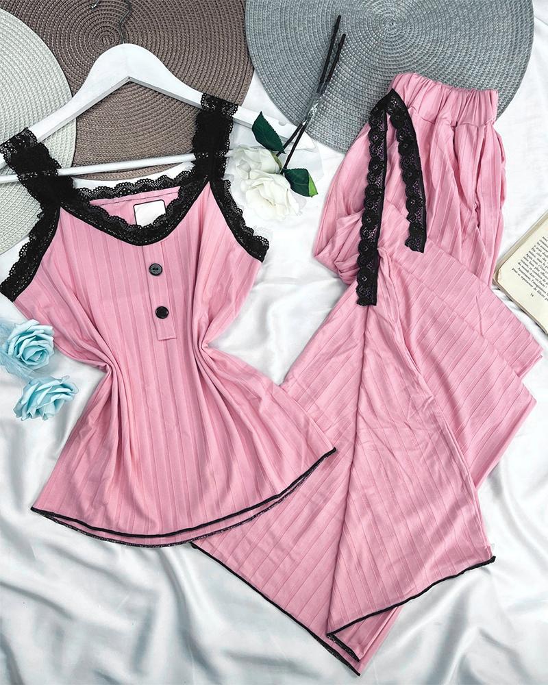 

2 Pieces Outfit Button Decor V-Neck Lace Trim Sleeveless Cami Top and Drawstring Elastic Waist Pants Set Casual Ribbed Pajamas Set, Pink
