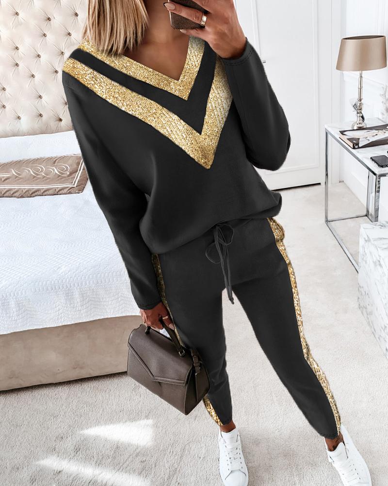 

Chevron Sequins Long Sleeve Top & Drawstring Waist Pants Set, Black