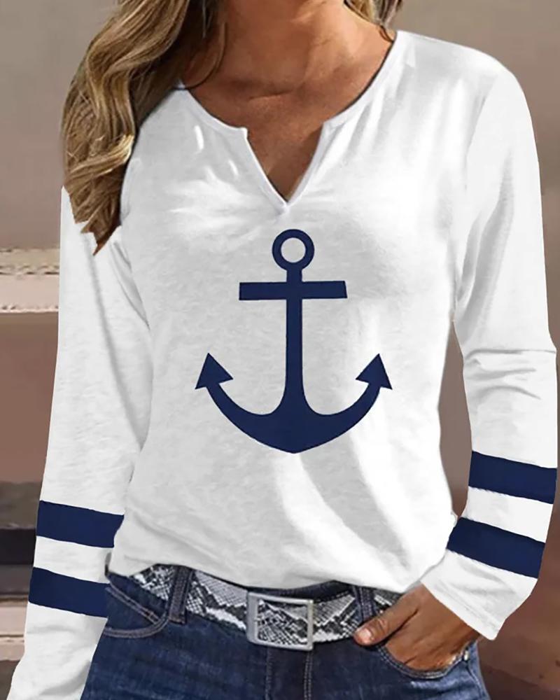 

Anchor Print Striped Notch Neck Top, White