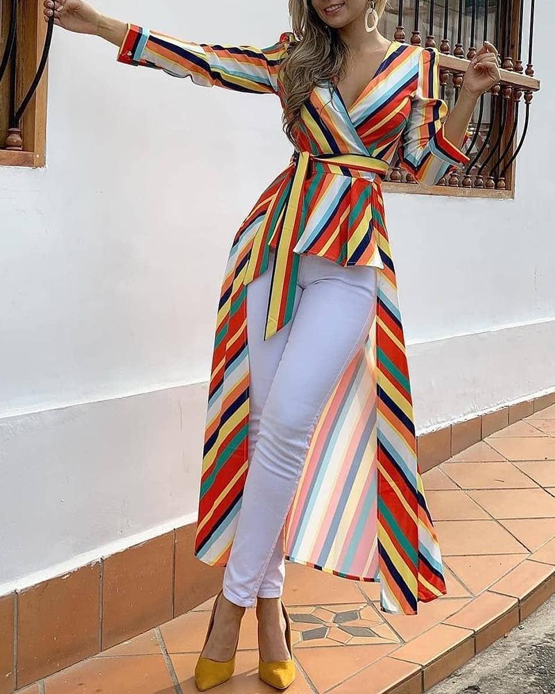 

Colorful Striped Ruffles Dip Hem Blouse, Multicolor