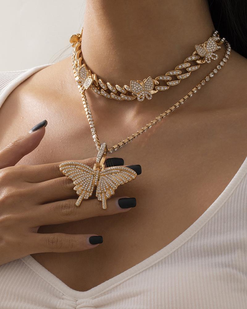 

2PCS Butterfly Pendant Studded Chain Necklace, Gold