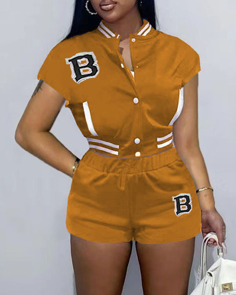 

Letter Patch Striped Trim Baseball Jacket & Shorts Set, Yellow