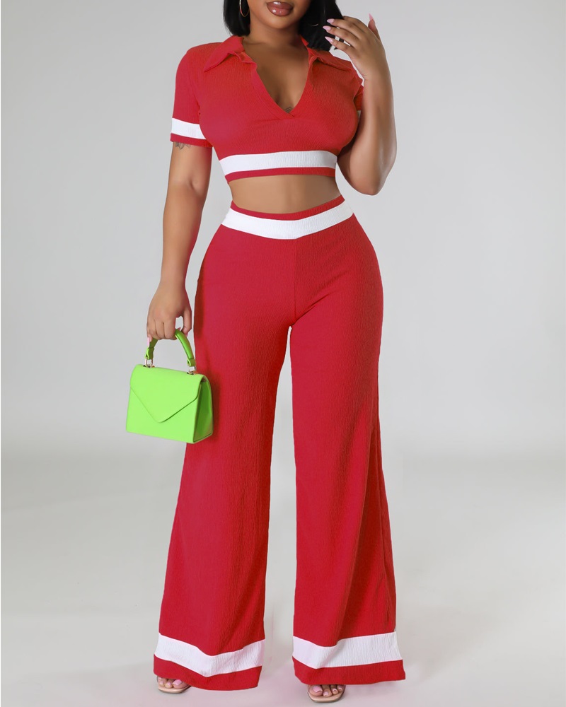 

Striped Top & Wide Leg Pants Set, Red