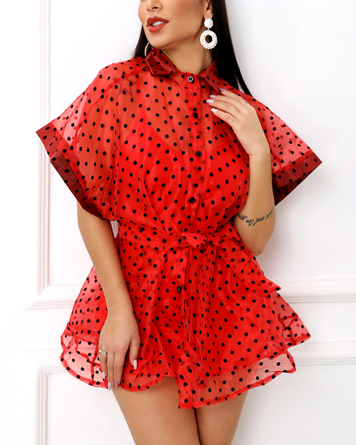 

Dot Print Semi Sheer Buttoned Blouse, Red