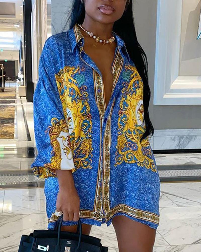 

Plus Size Baroque Print Long Sleeve Button Down Shirt Dress, Blue