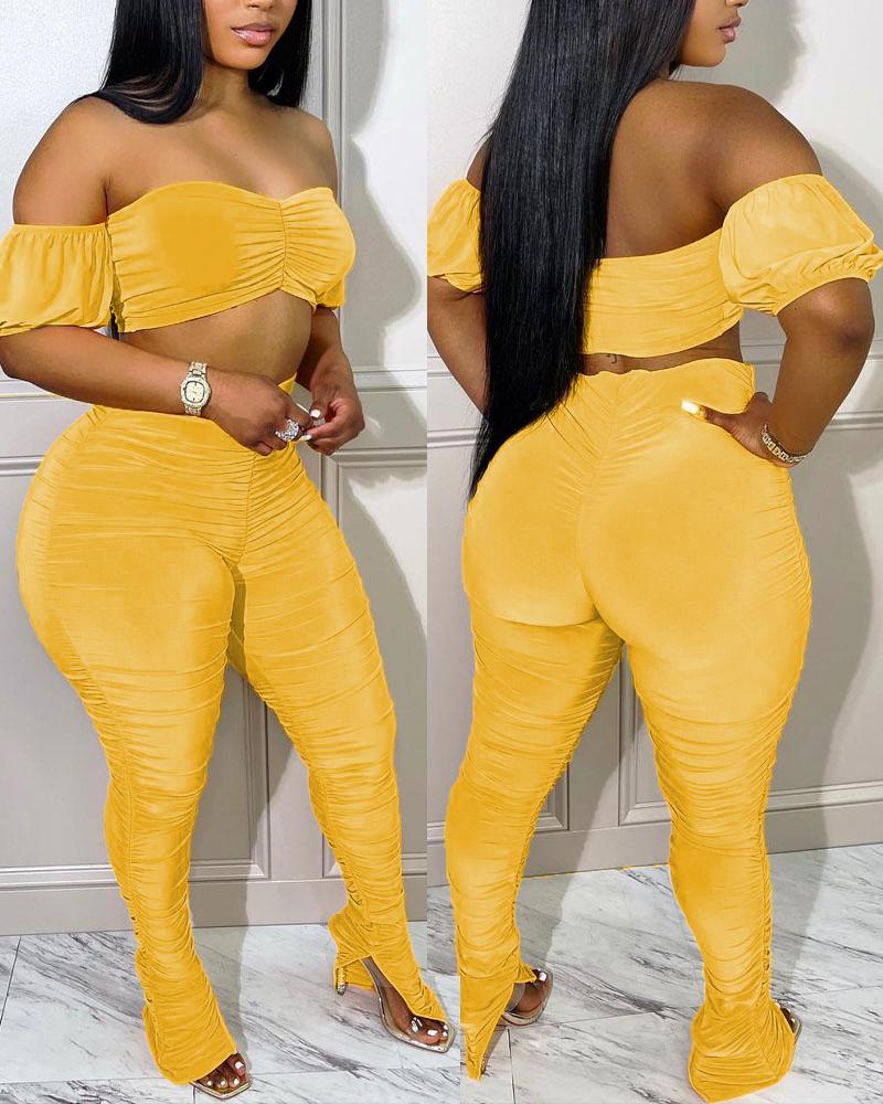 

Off Shoulder Crop Top & Ruched Split Hem Pants Set, Yellow