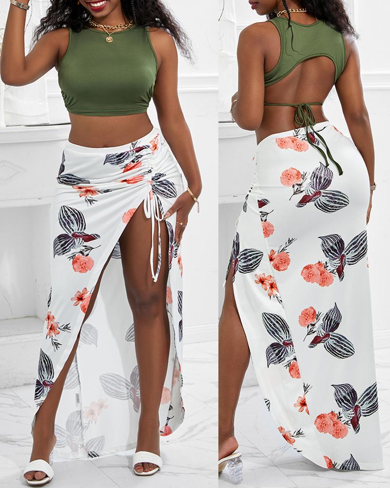 

Drawstring Ruched Top & Floral Print High Slit Skirt Set, White