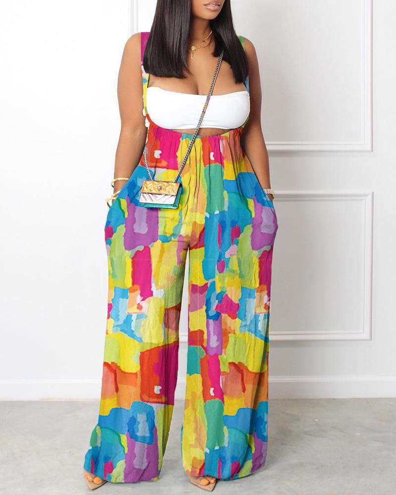 

Tie Dye Print Pocket Design Wide Leg Suspender Jumpsuit, Multicolor