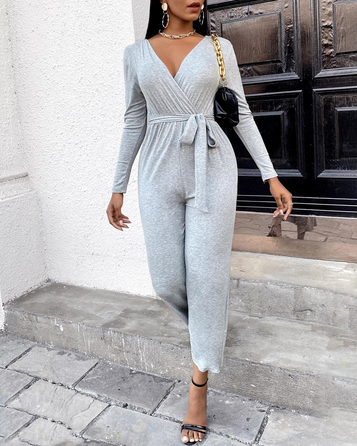 

Plain Wide Leg Long Sleeve Wrap Jumpsuit, Gray