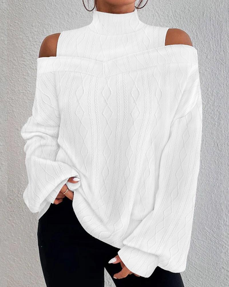 

Lantern Sleeve Cold Shoulder Cable Textured Top, White