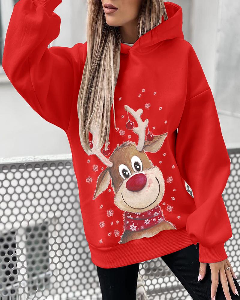 

Christmas Deer Print Long Sleeve Hooded Top, Red