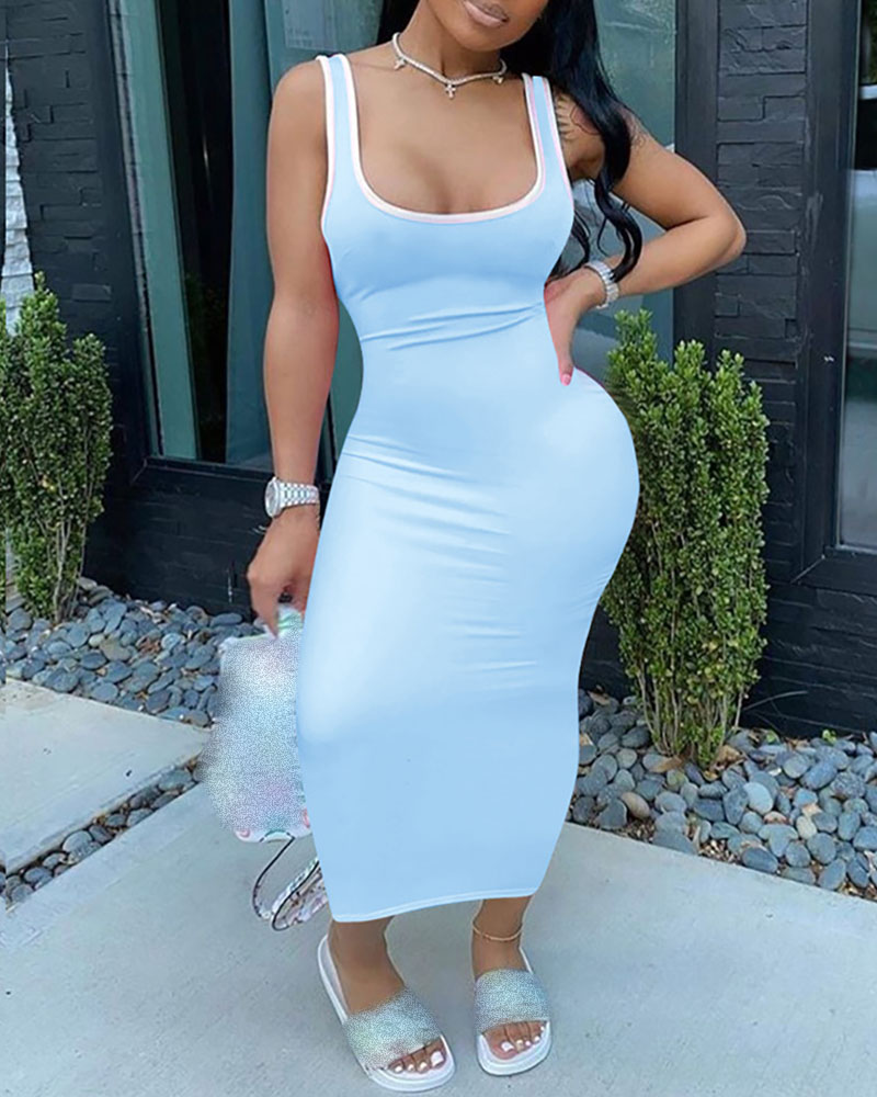 

Contrast Binding U-Neck Tank Dress, Light blue