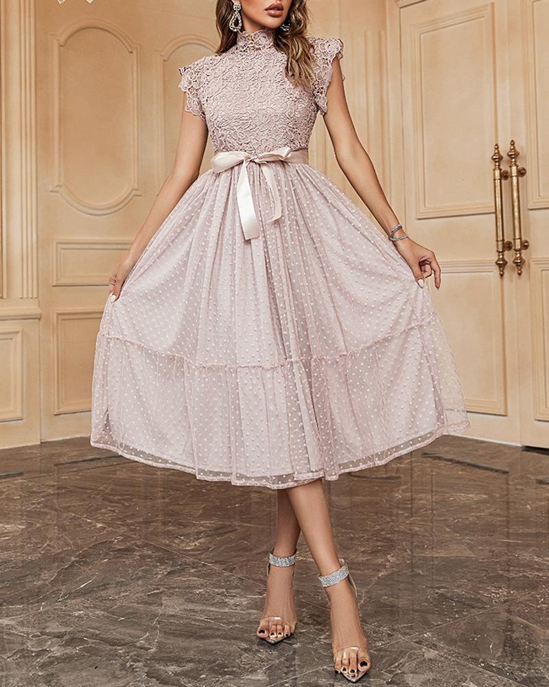 

Crochet Lace High Neck Dot Mesh Casual Dress, Light pink