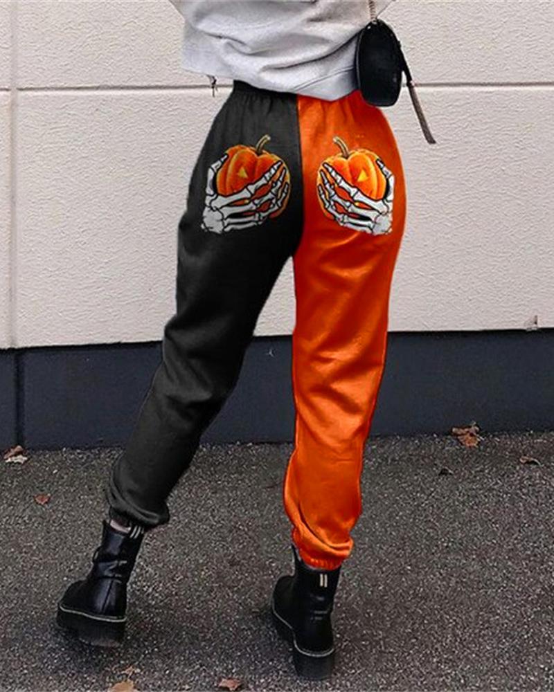 

Halloween Pumpkin Skeleton Print Sweatpants, Orange