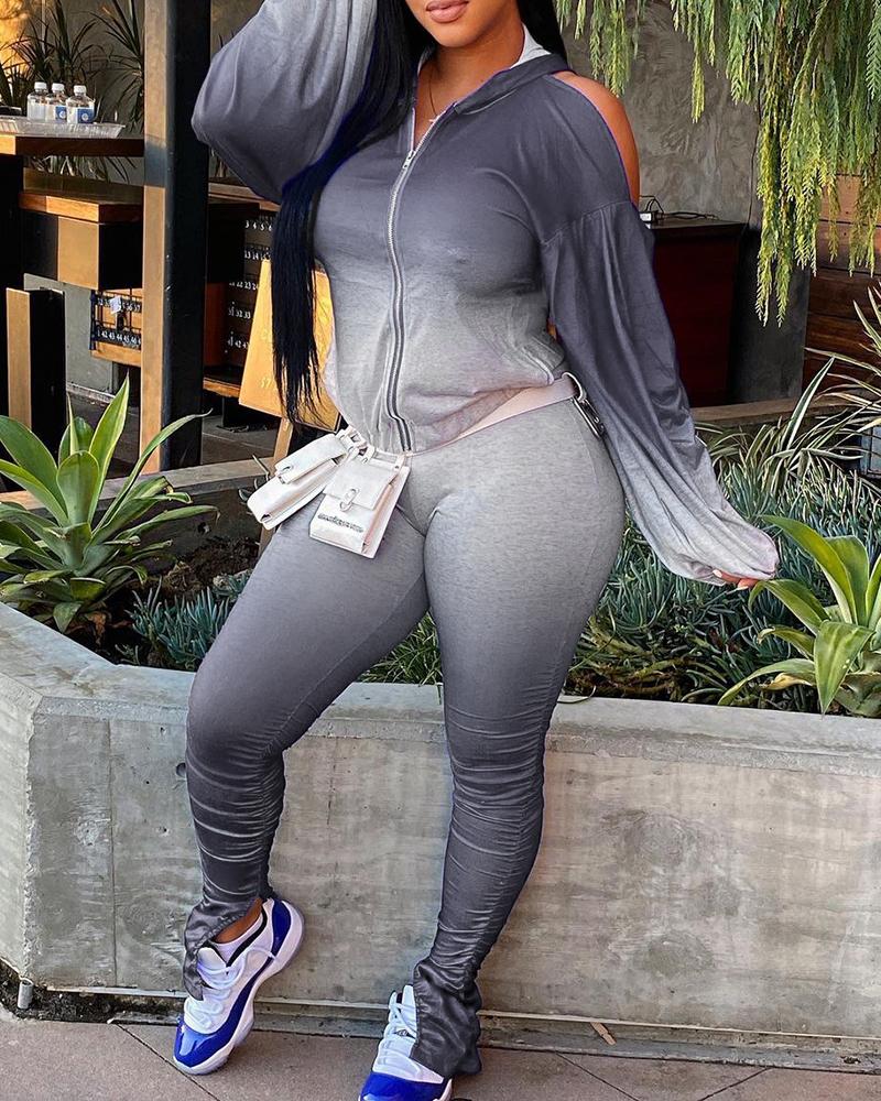 

Colorblock Cold Shoulder Hooded Top & Pants Set, Gray