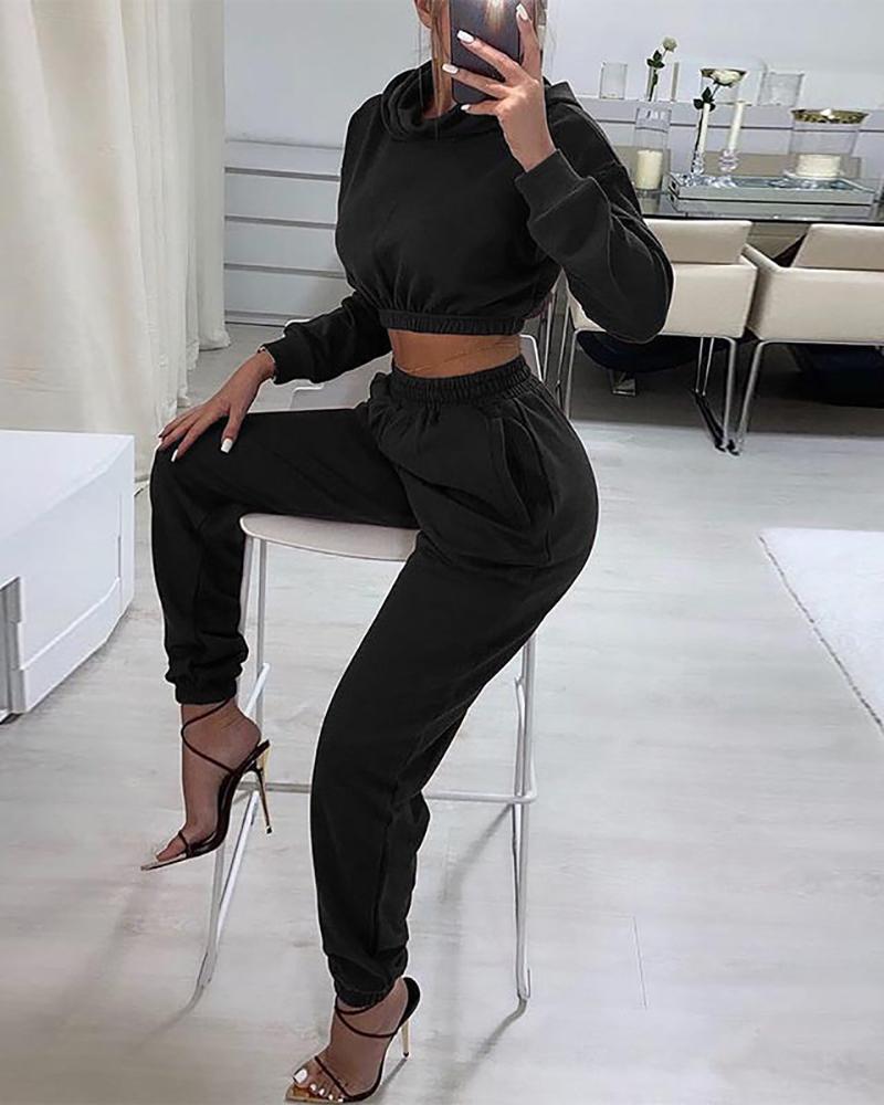 

Long Sleeve Casual Hooded Top & High Waist Pants Set, Black