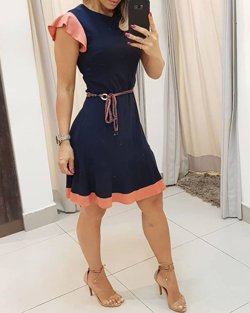 

Colorblock Ruffles Trim Dress, Purplish blue