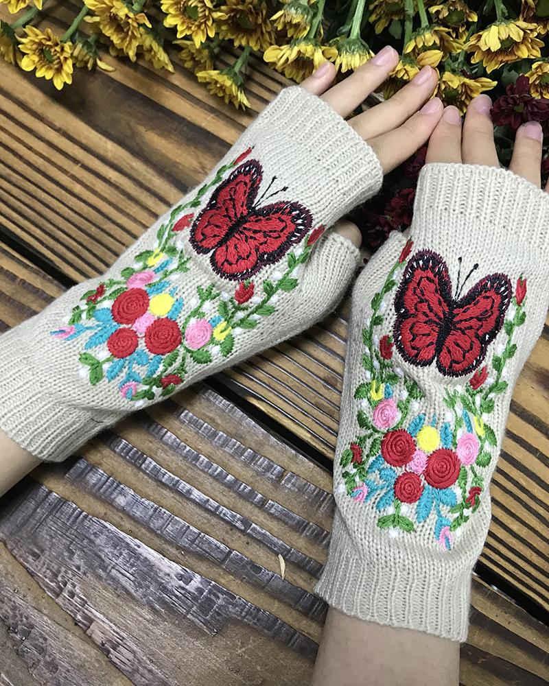 

1Pair Floral Butterfly Embroidery Fingerless Knit Gloves, Apricot