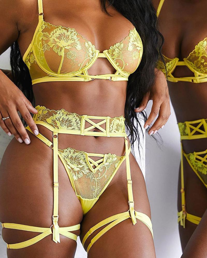 

Floral Embroidery Lace Cutout Bandage Garter Lingerie Set, Yellow