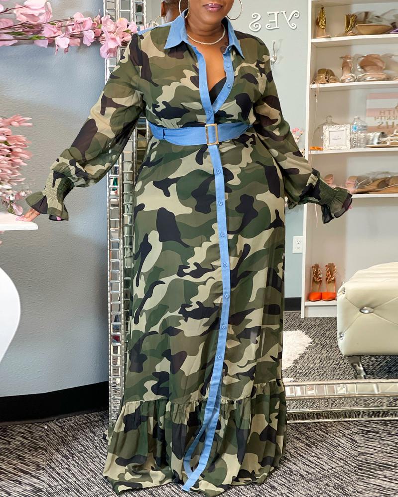 

Camo Print Long Sleeve Ruffle Hem Shirt Dress, Green