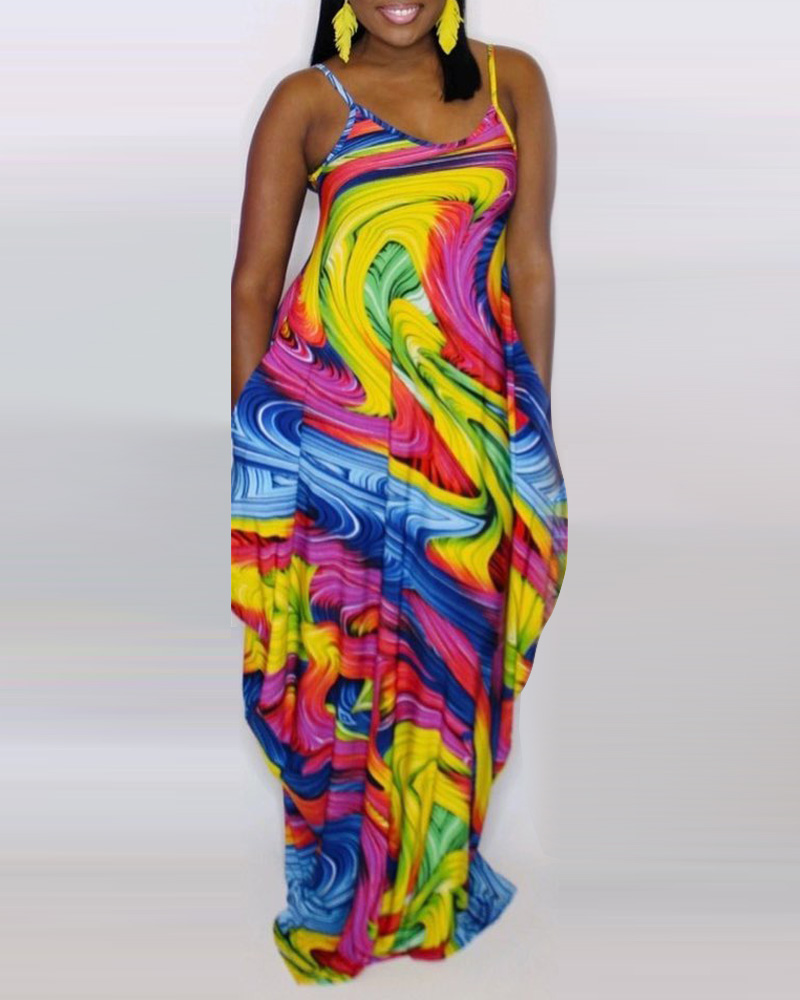 

Plus Size Abstract Print Spaghetti Strap Maxi Dress, Yellow