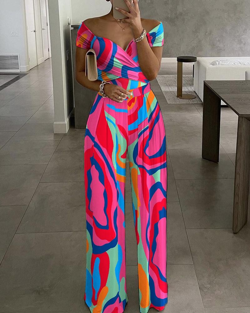 

Abstract Print Off Shoulder Wide Leg Jumpsuit, Multicolor