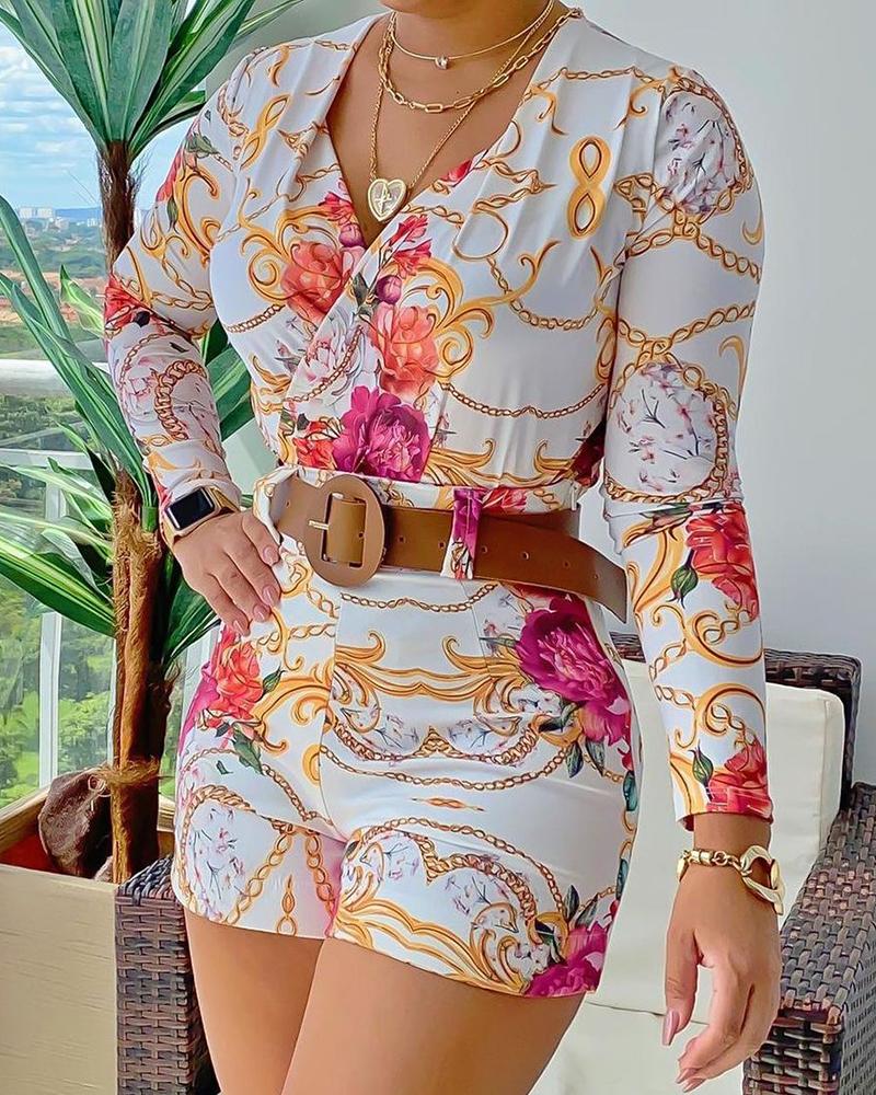 

Floral Chain Print Surplice Neck Top & High Waist Shorts Set, White