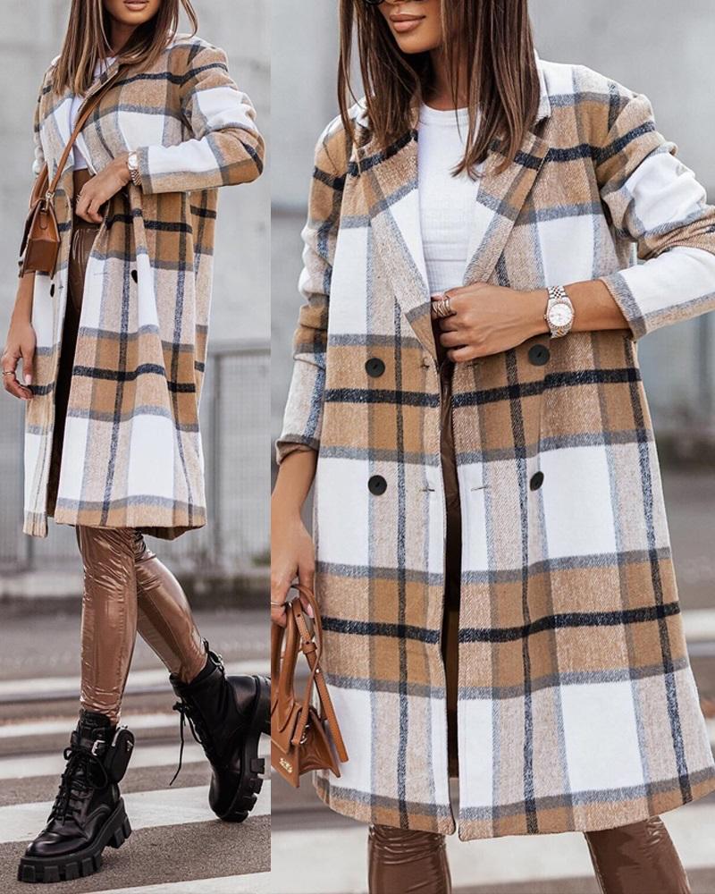 

Plaid Print Double Breasted Longline Coat, Khaki