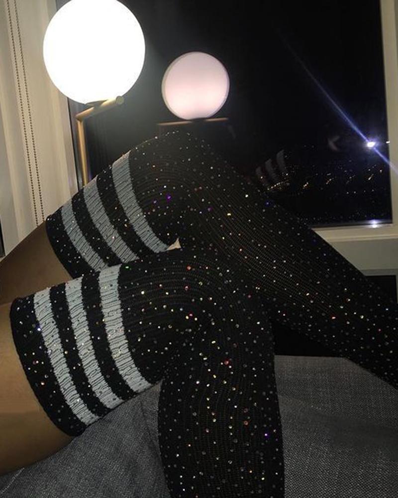 1Pair Striped Contrast Paneled Rhinestone Thigh Socks