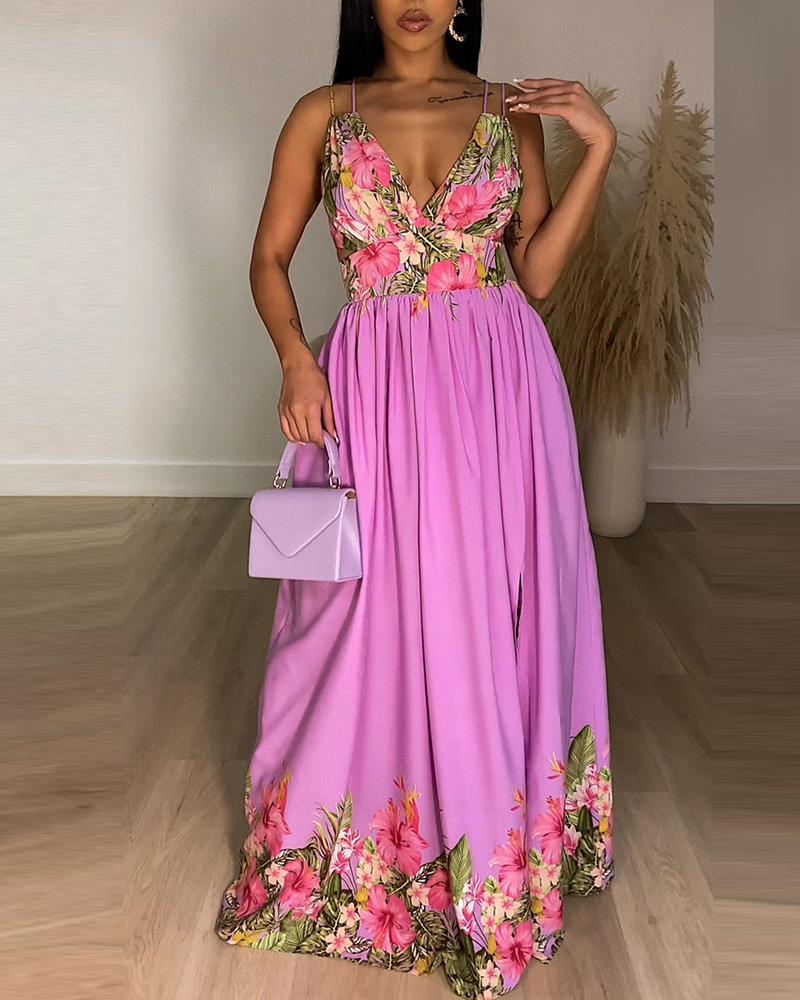 

Floral Print Double Strap Slit Cutout Maxi Dress, Hot pink