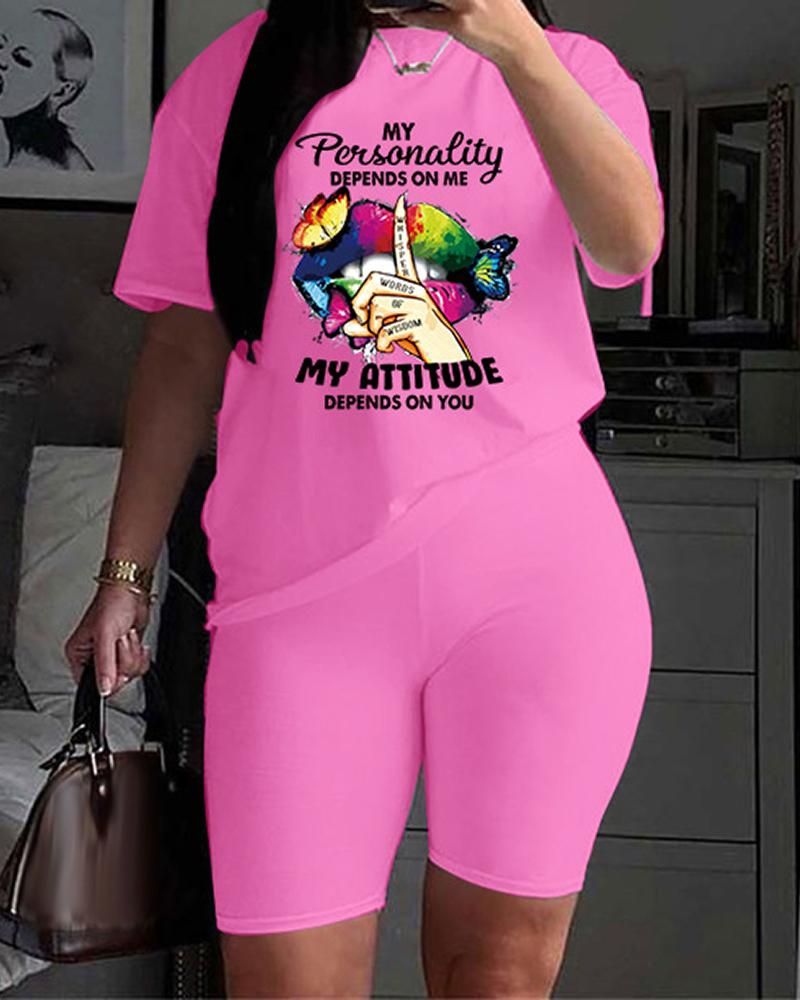 

Slogan Letter Print T-shirt & Shorts Set, Pink