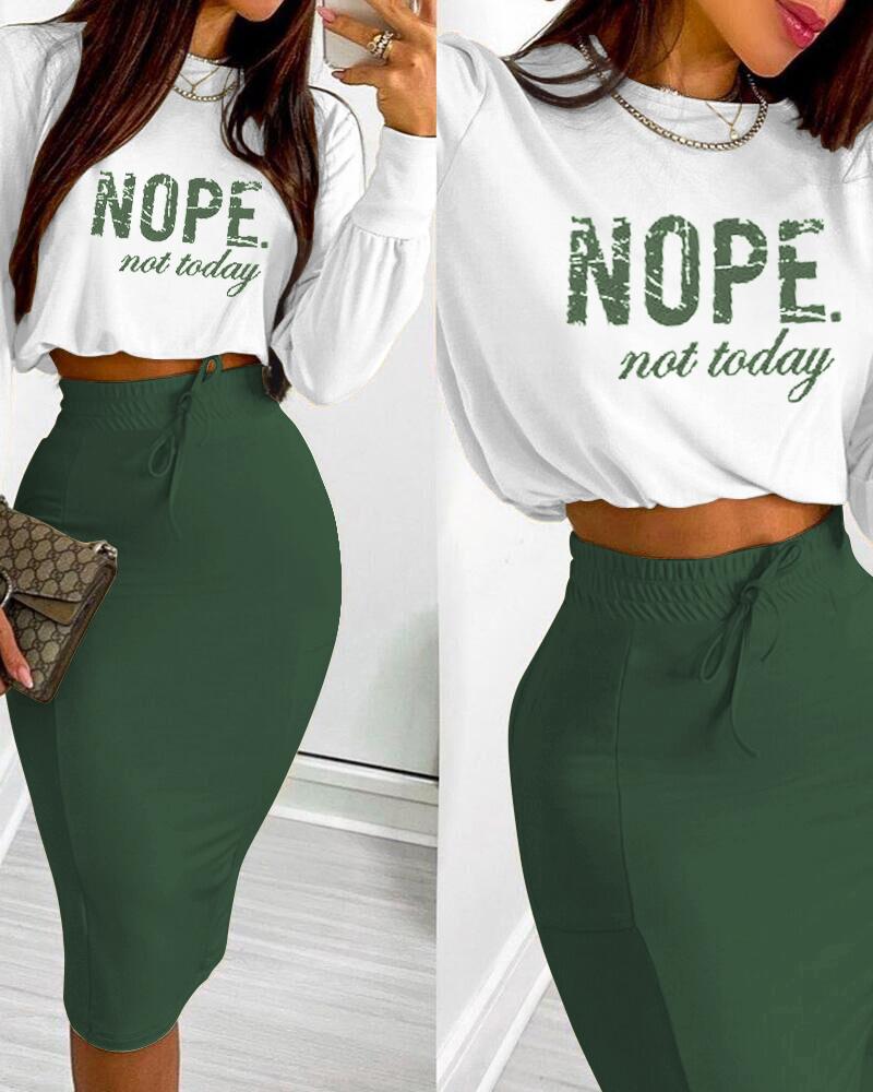 

Nope Not Today Print Top & Drawstring Shirred Skirt Set, Green