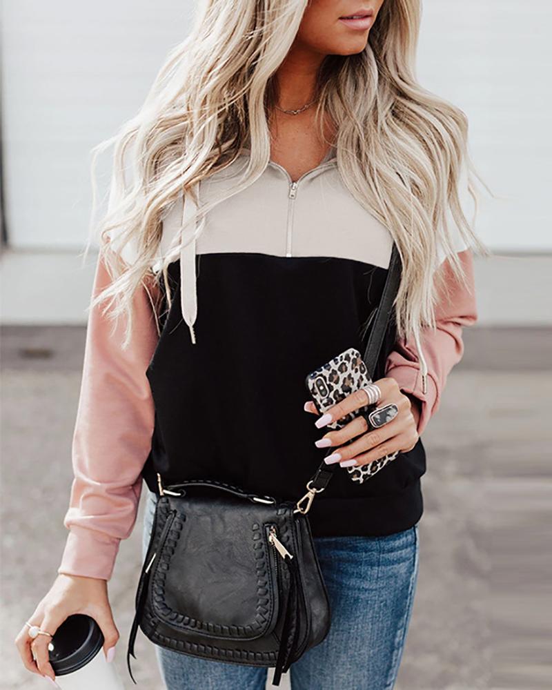 

Colorblock Zipper Design Long Sleeve Hooded Sweatshirt, Pink
