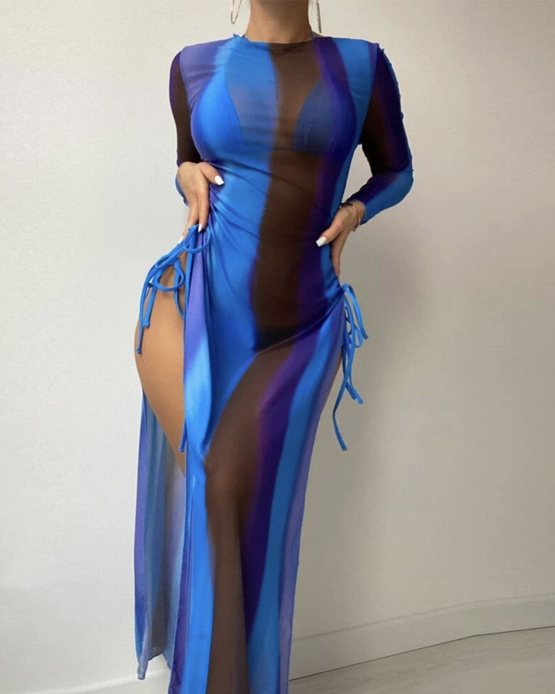 

3PCS Halter Tied Detail Bikini Set With Ombre Cover Up, Blue