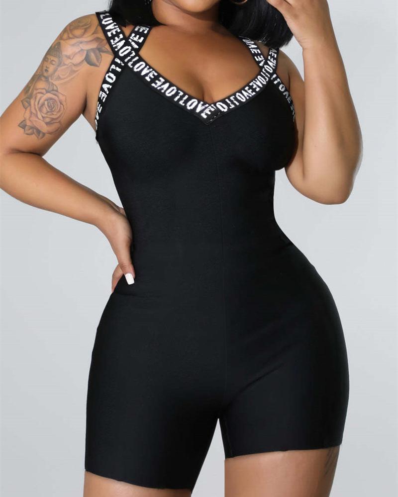 

Letter Print Crisscross Backless Skinny Romper, Black