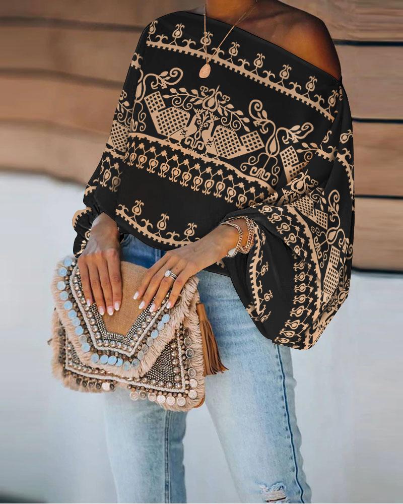 

Tribal Print Lantern Sleeve Top, Black