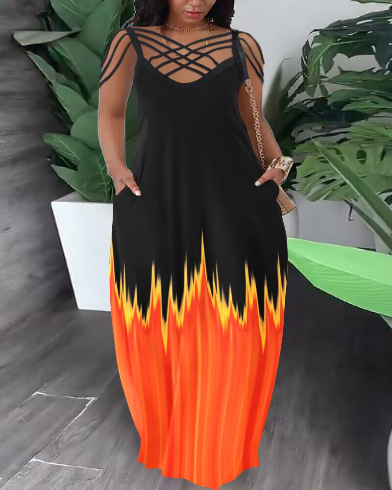 

Plus Size Abstract Print Colorblock Pocket Design Maxi Dress, Orange