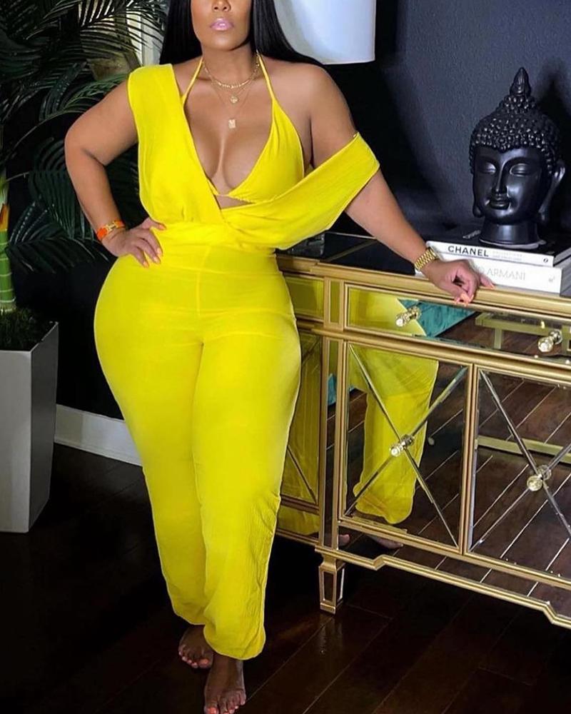 

Plunge Sleeveless Cuffed Jumpsuit With Bralette, Yellow