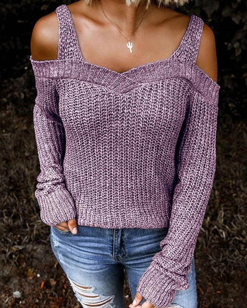 

Cold Shoulder Chunky Knit Sweater, Purple