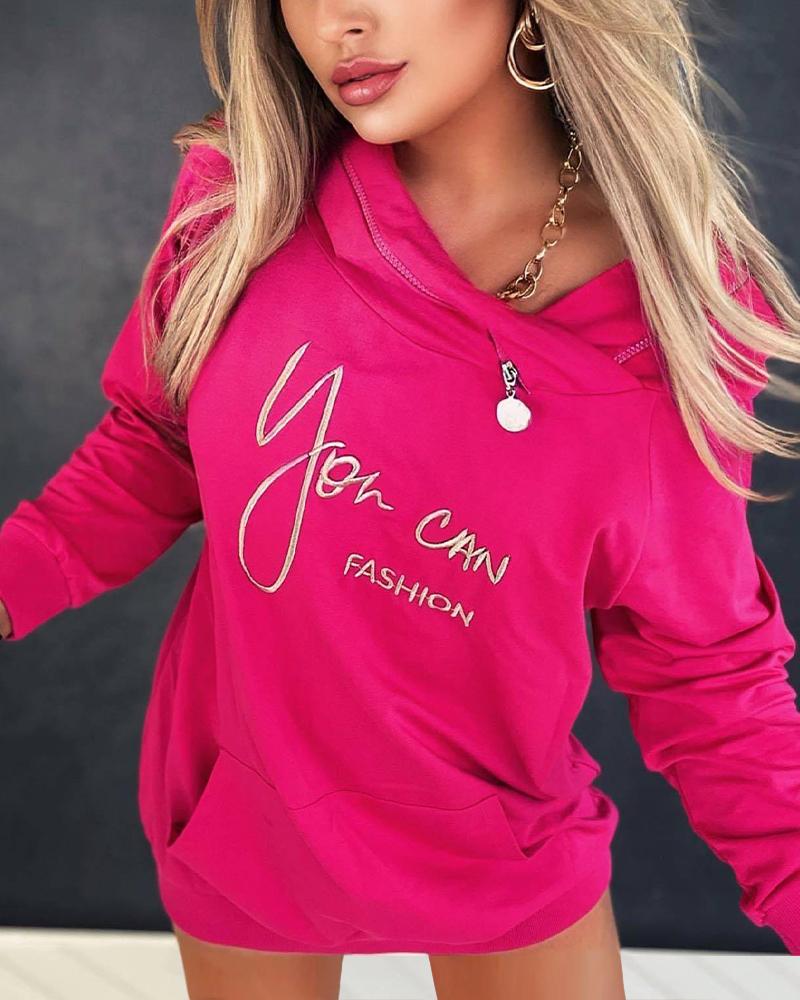 

Letter Embroidery Zipper Detail Hoodie, Hot pink