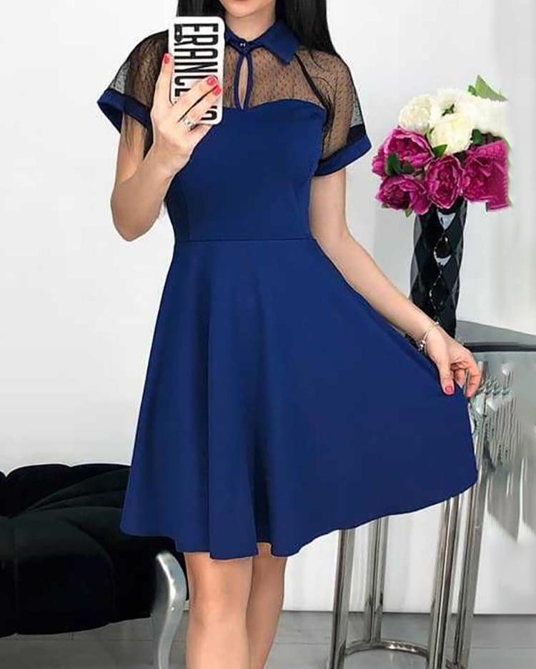 

Mesh Yoke Short Sleeve Casual Dress, Blue