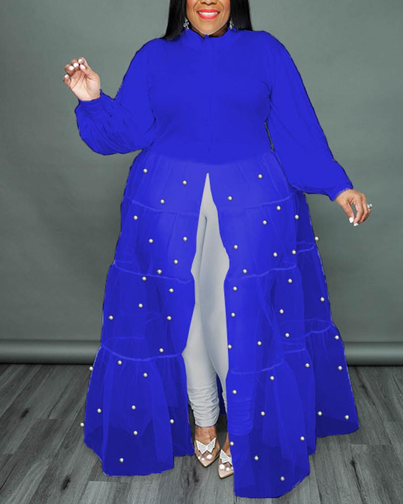 

Plus Size Beaded Decor Contrast Mesh Shirt Dress, Blue