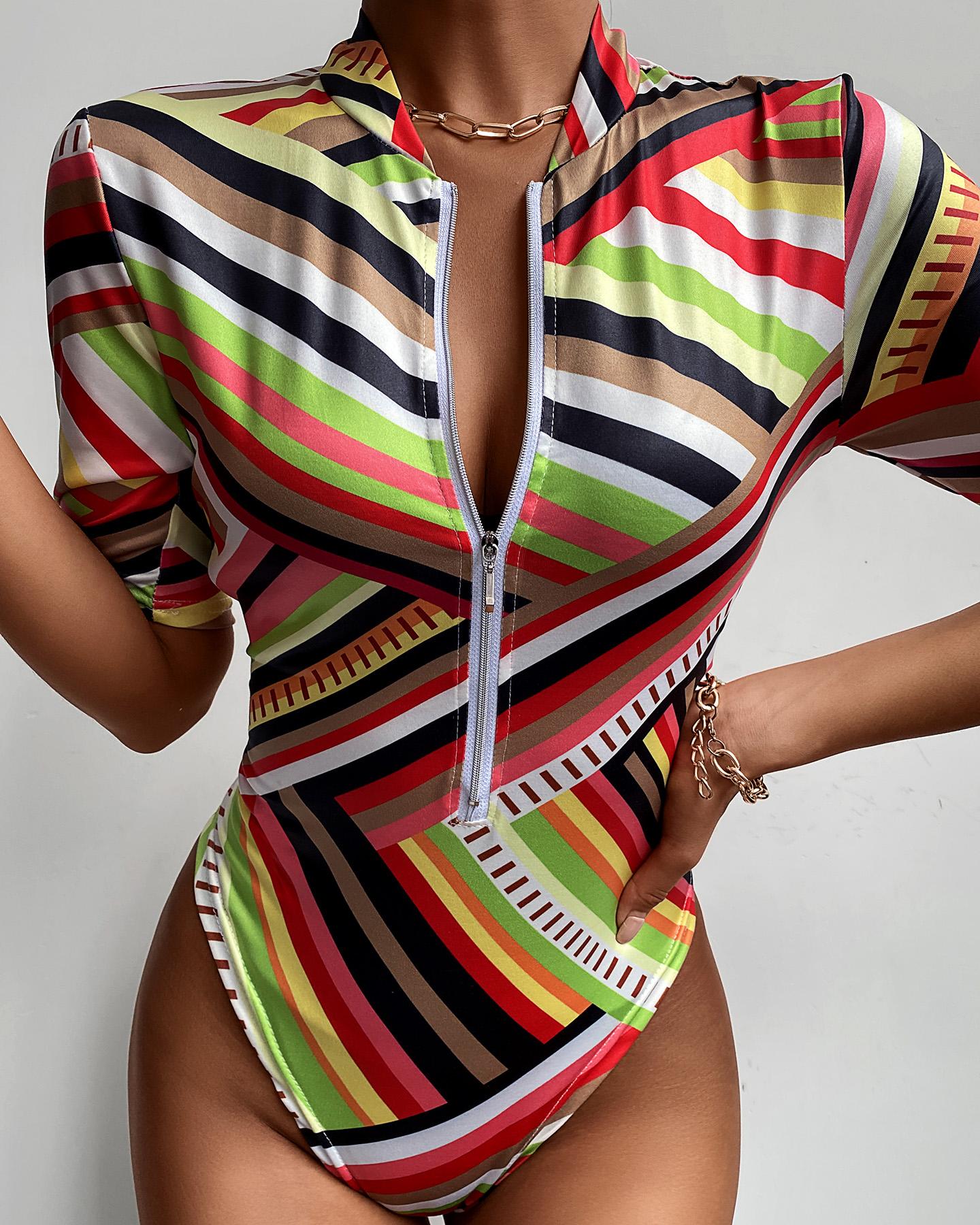 

Striped Zipper Front One Piece Swimsuit, Multicolor