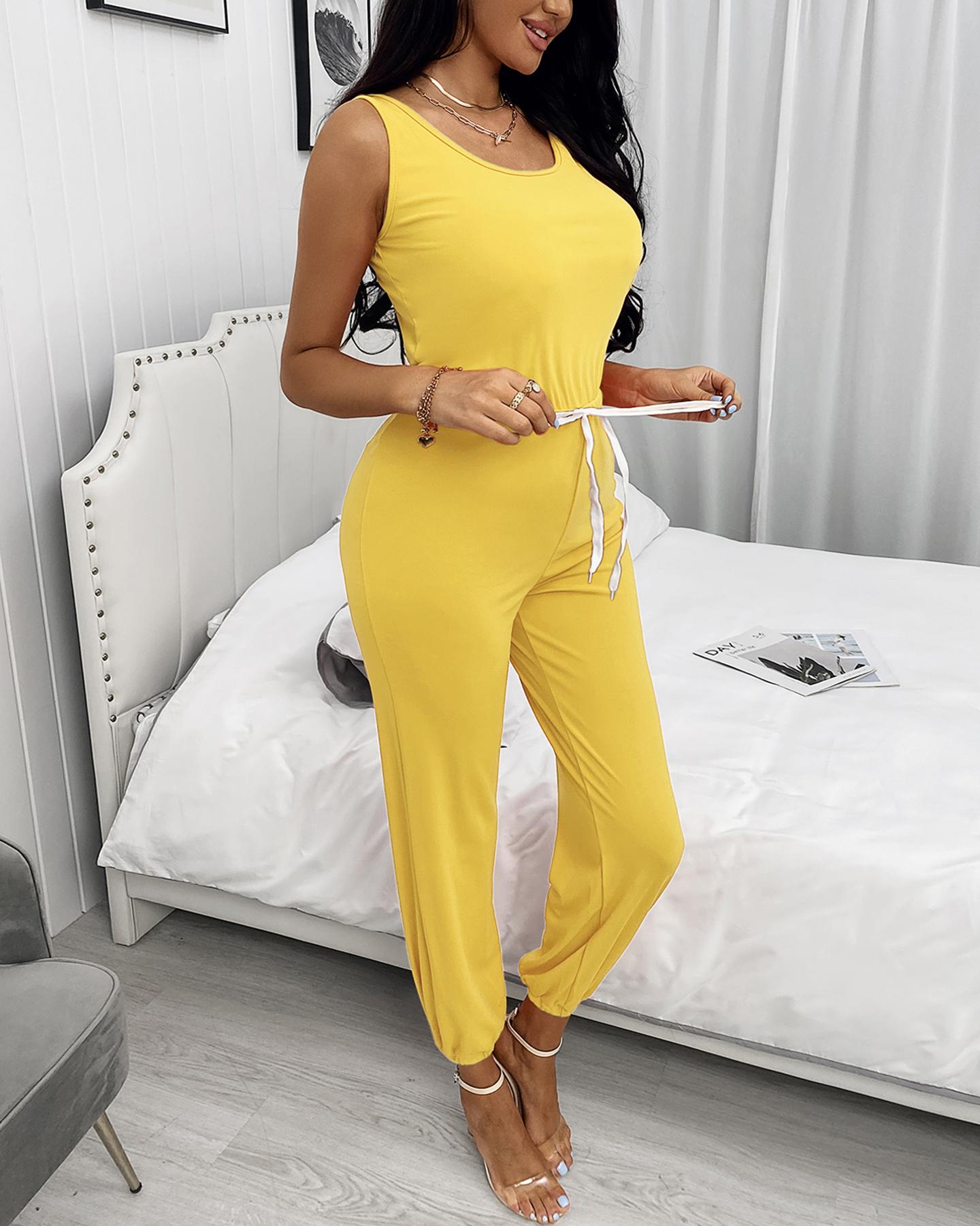 

Thick Strap Drawstring Casual Jumpsuit, Yellow
