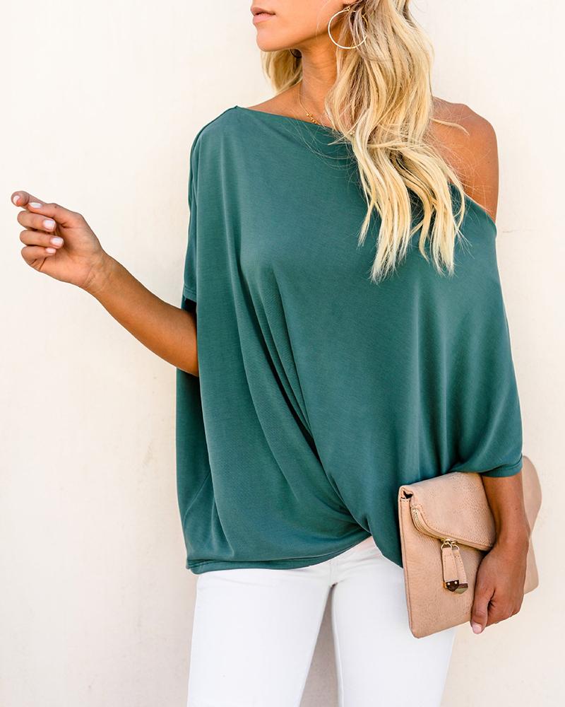 

Skew Neck Batwing Sleeve Solid Loose Tops, Green
