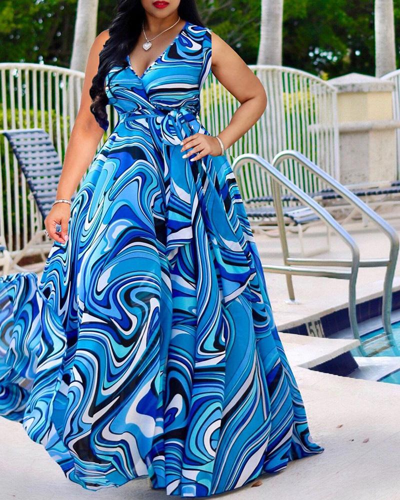 

Colorful Print Sleeveless Maxi Dress, Blue