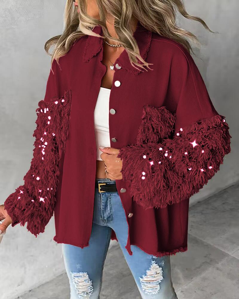 

Contrast Sequin Tassel Design Fuzzy Patchwork Shacket, Wine red