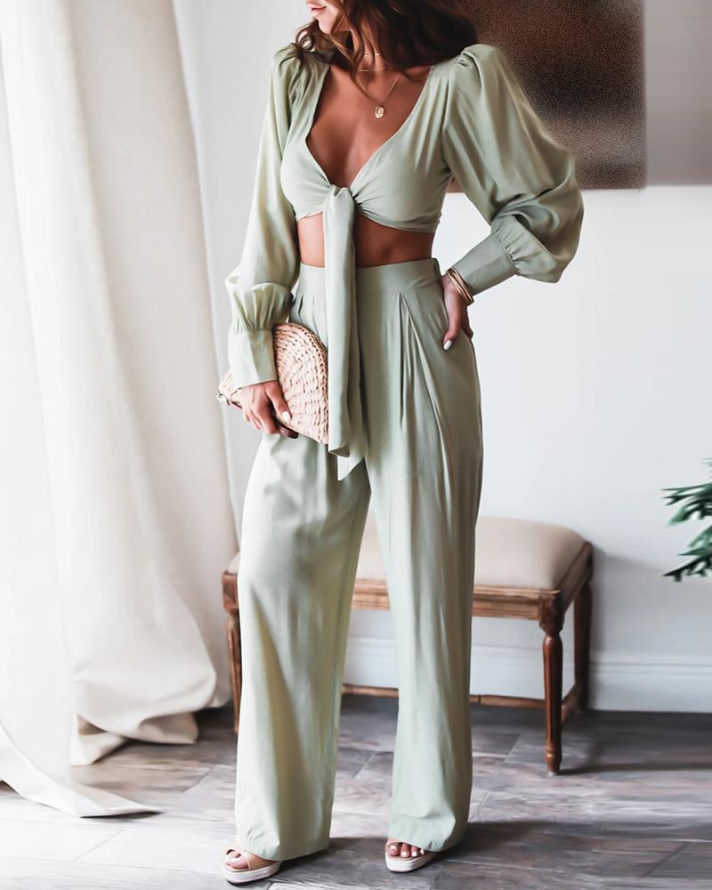 

Puff Lantern Sleeve Tied Detail Top & Pants Set, Green