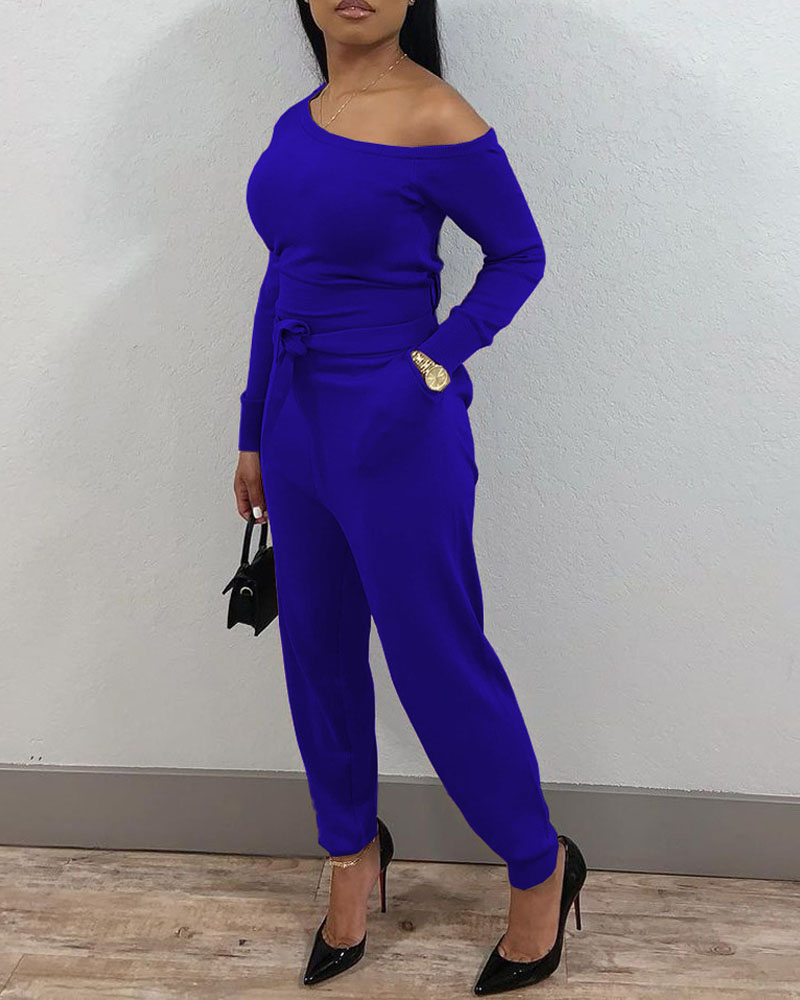 

Long Sleeve Pocket Detail Belted Jumpsuit, Blue