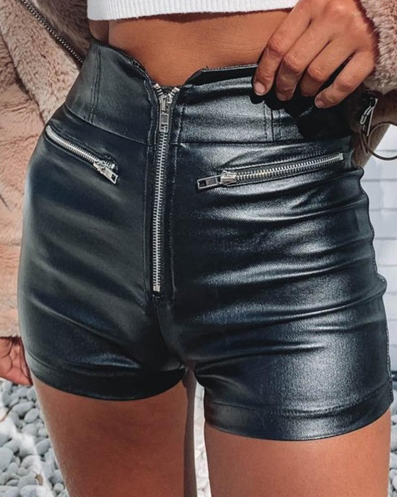 

PU Leather Zipper Decor Skinny Shorts, Black